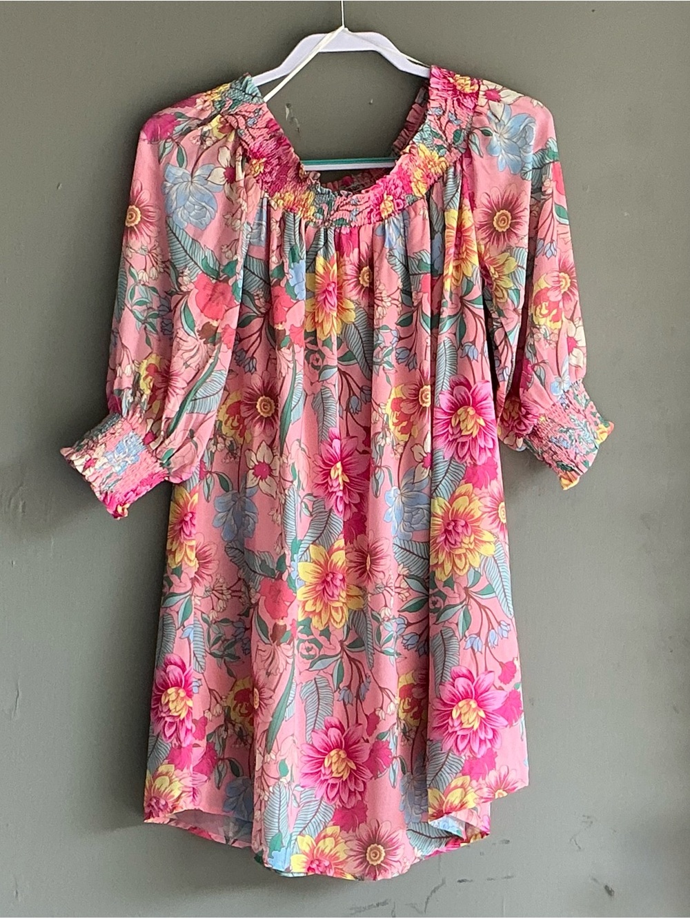 Umgee Pink Floral off the shoulder Smocked Neck Casual Dress